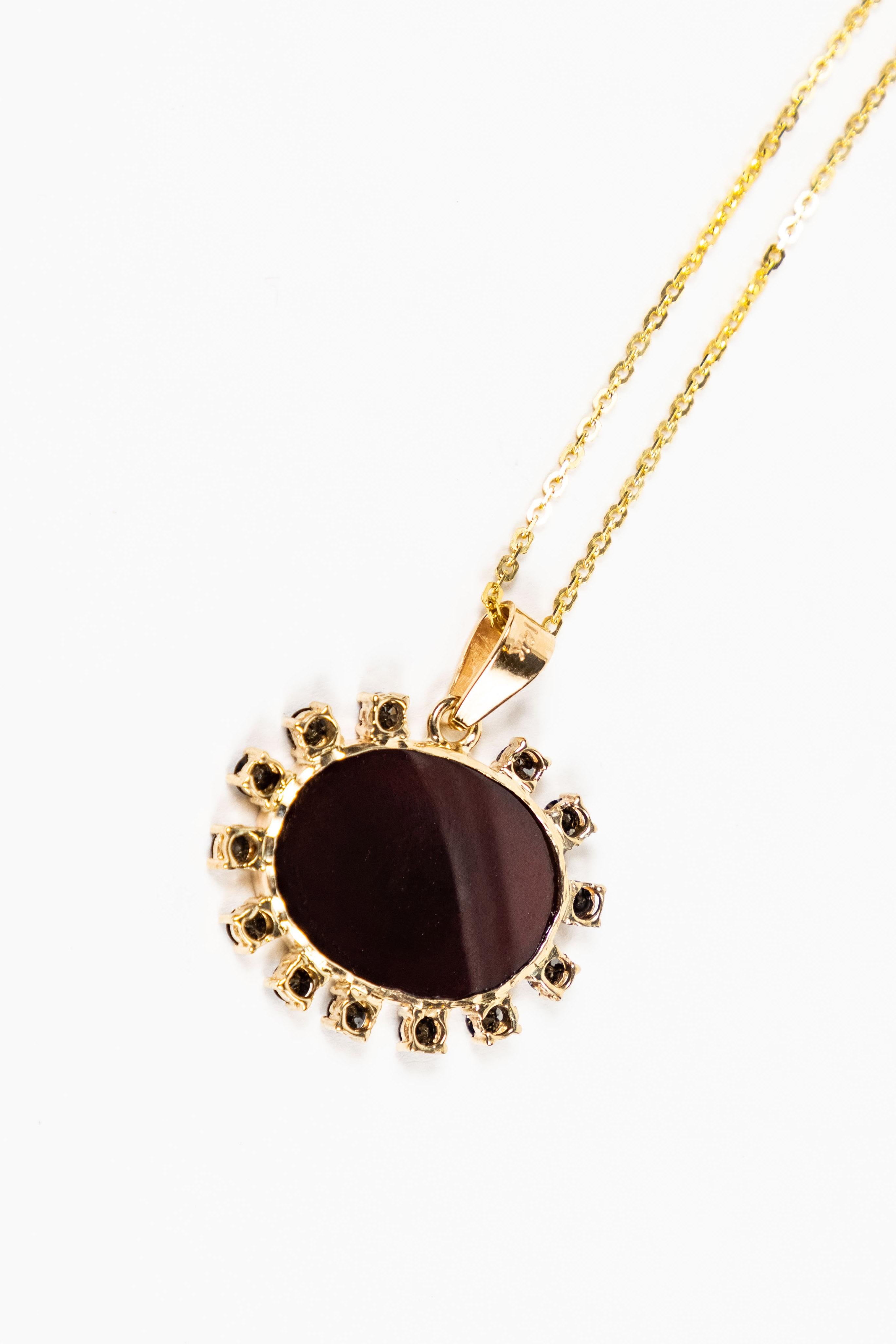 Vintage Oval Agate Intaglio and Black Diamond Surround Pendant Necklace For Sale 4