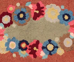 Vintage Oval American Hooked Rug with Large Flower Design