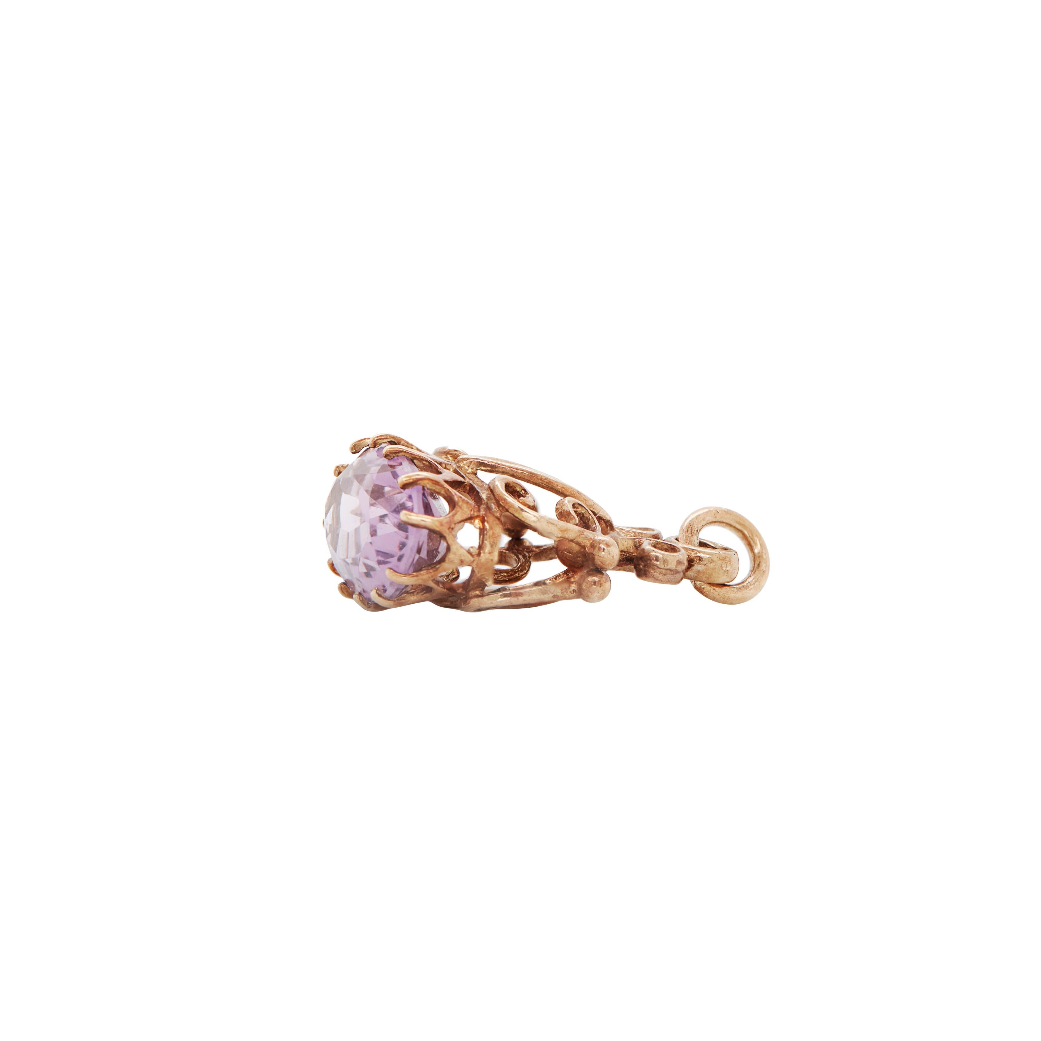 Retro Vintage Oval Amethyst and 9 Carat Rose Gold Open Work Fixed Fob Charm, 1988 For Sale