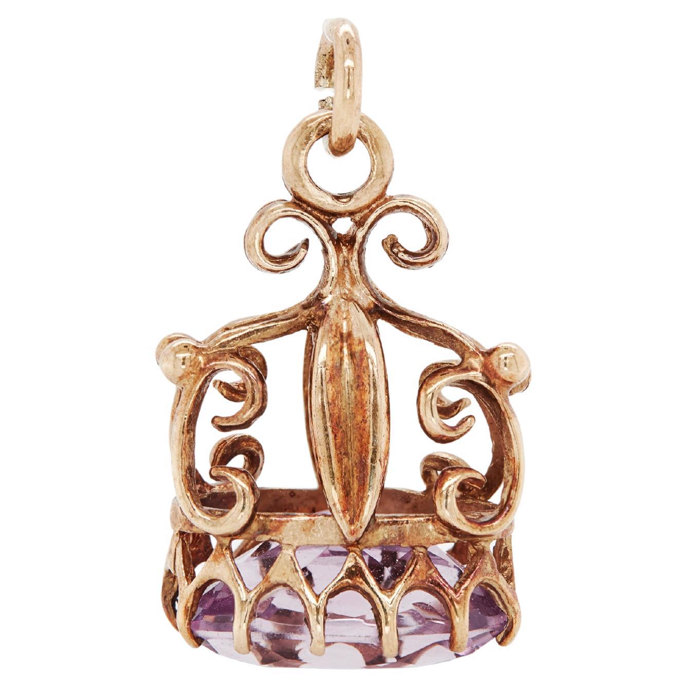 Vintage Oval Amethyst and 9 Carat Rose Gold Open Work Fixed Fob Charm, 1988