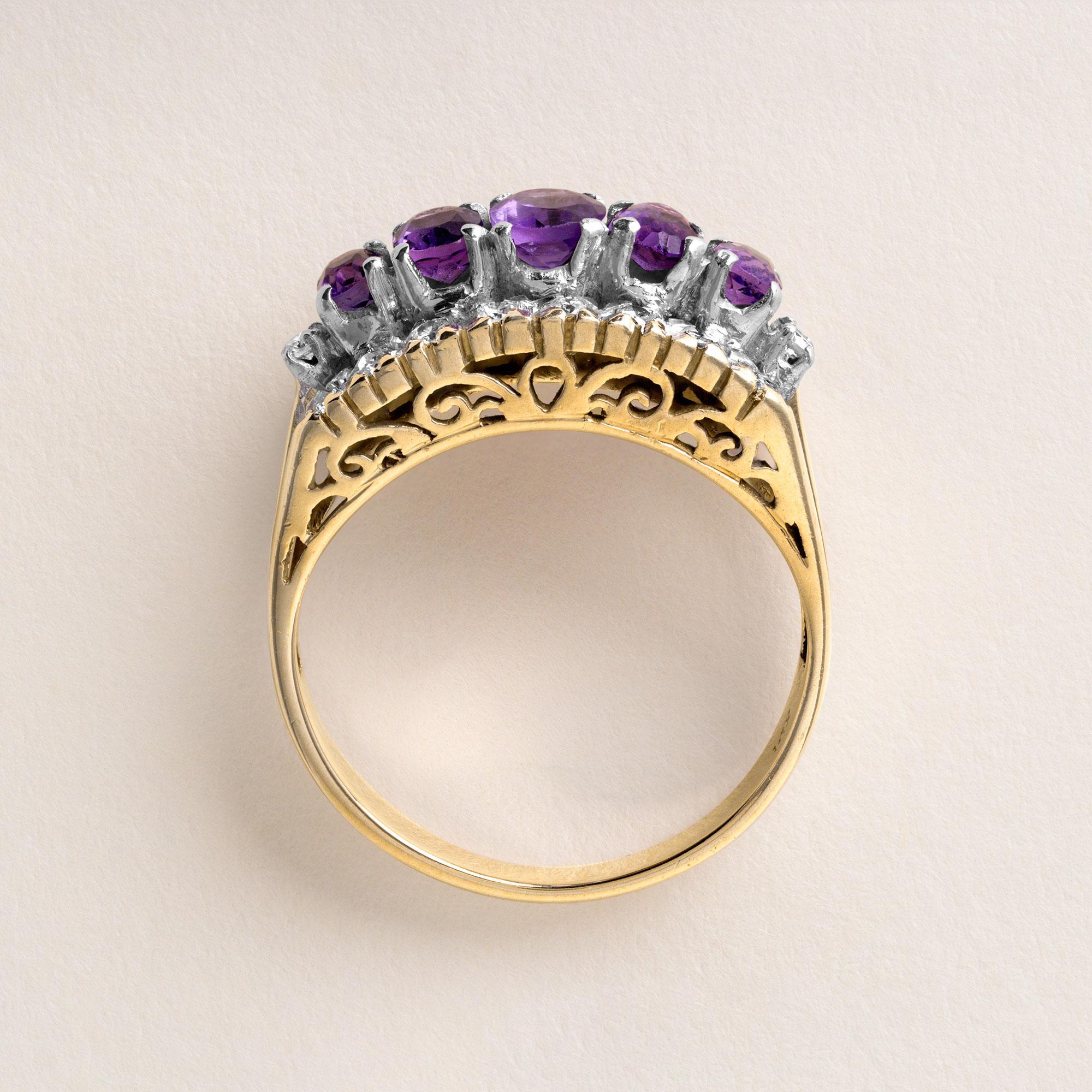 Vintage Oval Amethyst und Diamant filigrane 14K Gold Ring (Art déco) im Angebot