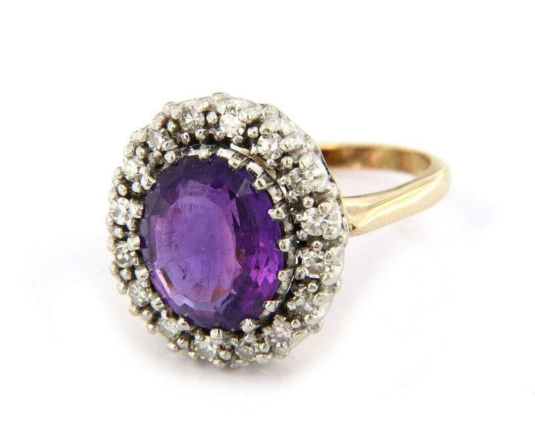 Oval Cut Vintage Oval Amethyst and Diamond Halo Ring in 14K Yellow Gold For Sale