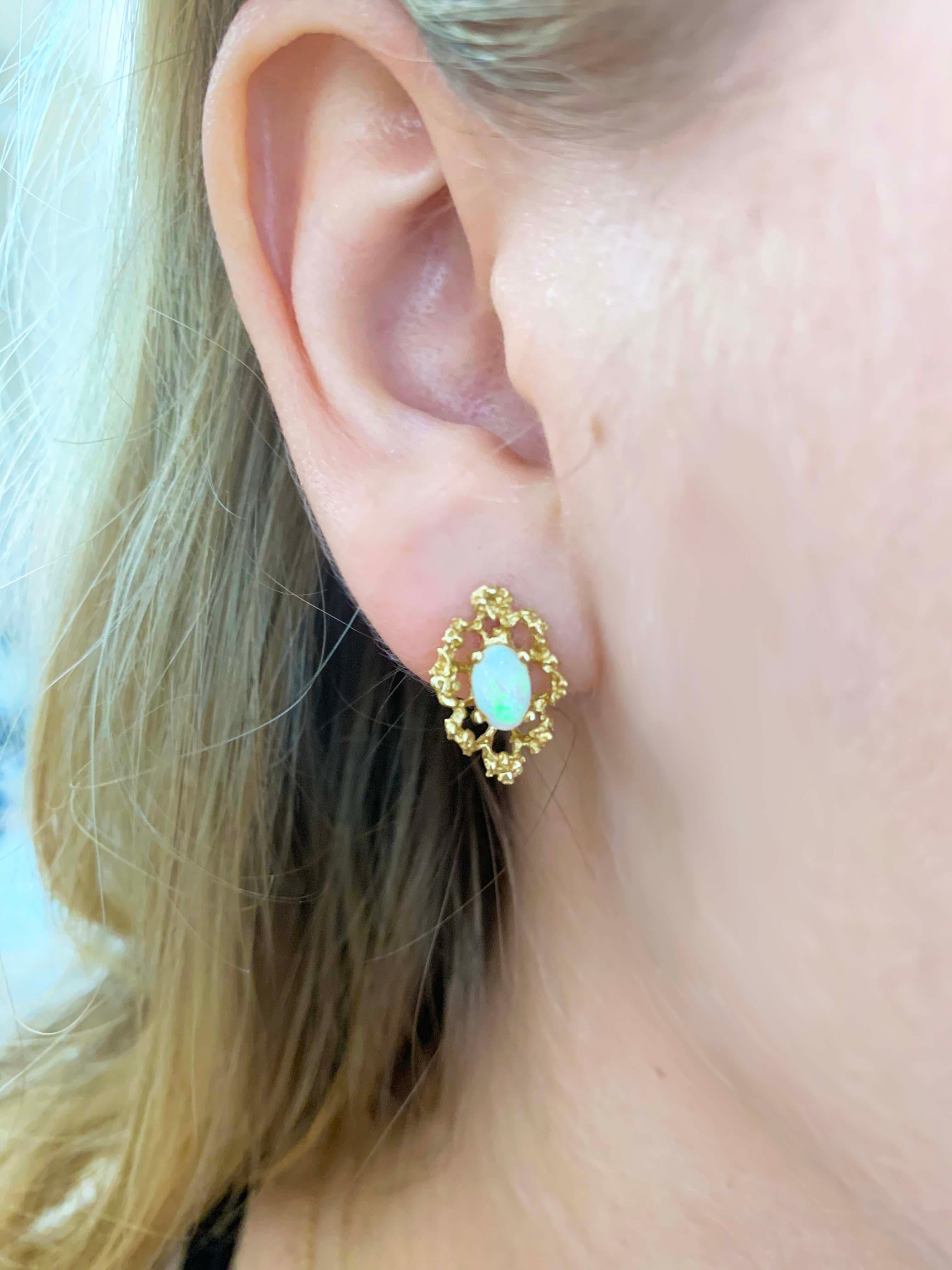 Vintage Oval Australian Opal Golden Nugget Earring Studs in 14 Karat Yellow Gold 1