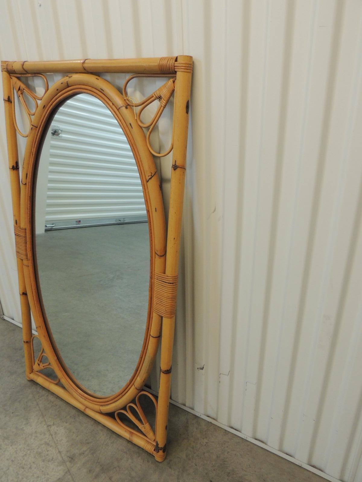Hand-Crafted Vintage Oval Bamboo and Rattan Mirror on Rectangular Frame