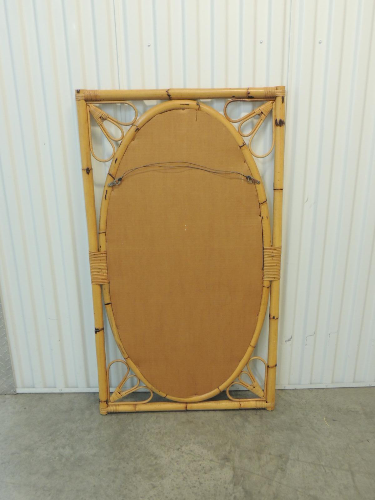 Late 20th Century Vintage Oval Bamboo and Rattan Mirror on Rectangular Frame