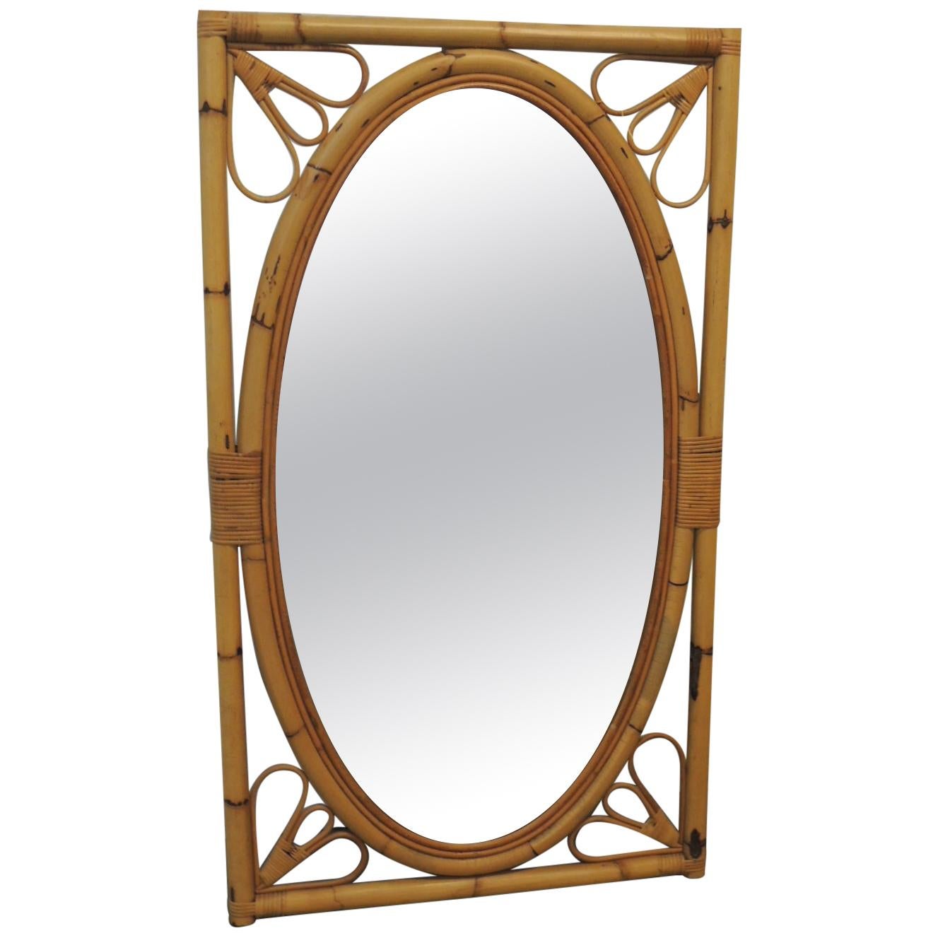Vintage Oval Bamboo and Rattan Mirror on Rectangular Frame