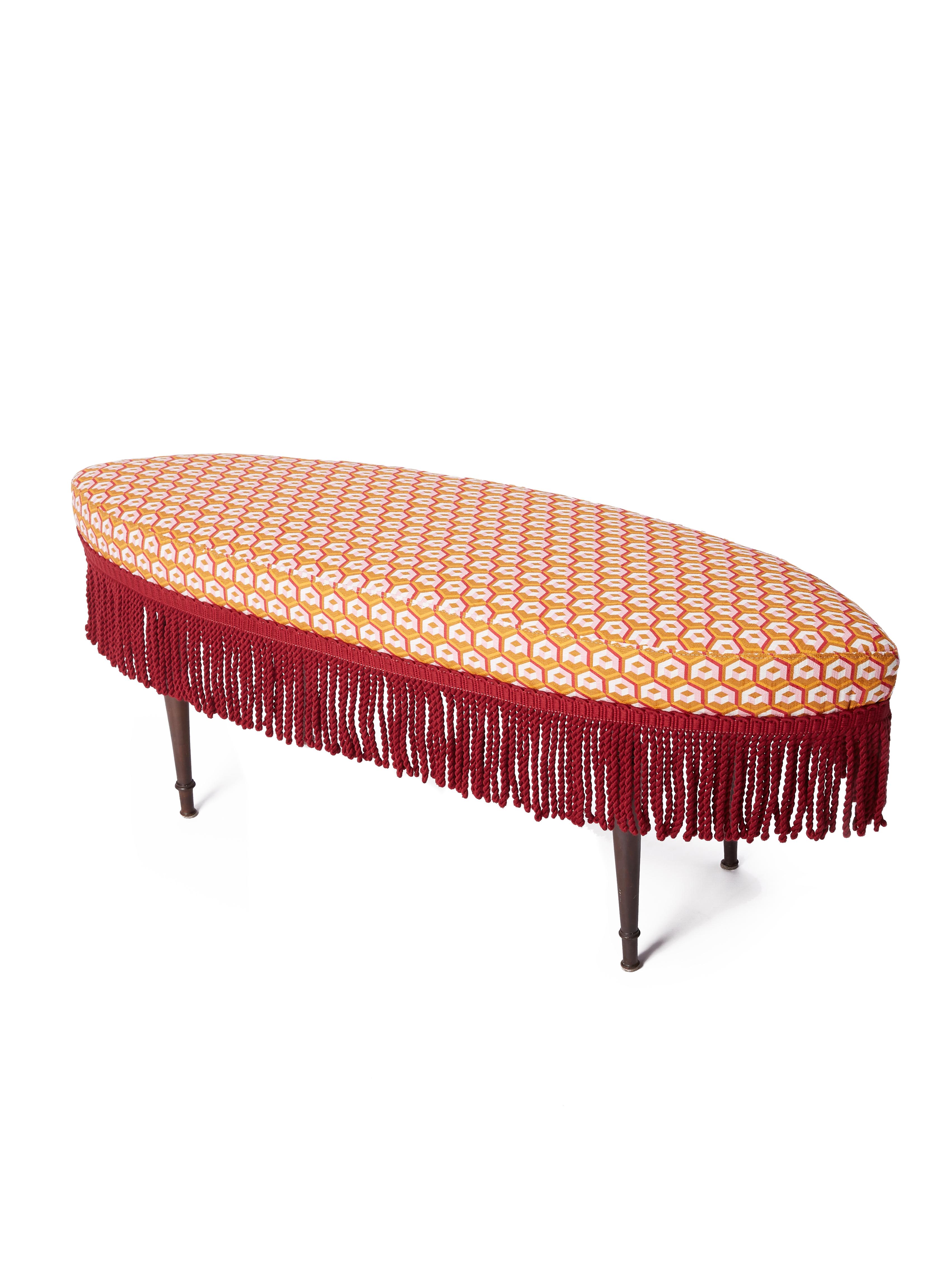 Italian Vintage Oval Bench by La DoubleJ, Bold Geometric Cubi Print, 1950, Italy