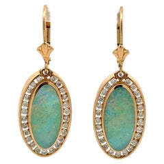 Vintage Oval Black Opal Doublet and RBC Diamond Gold Drop Earrings