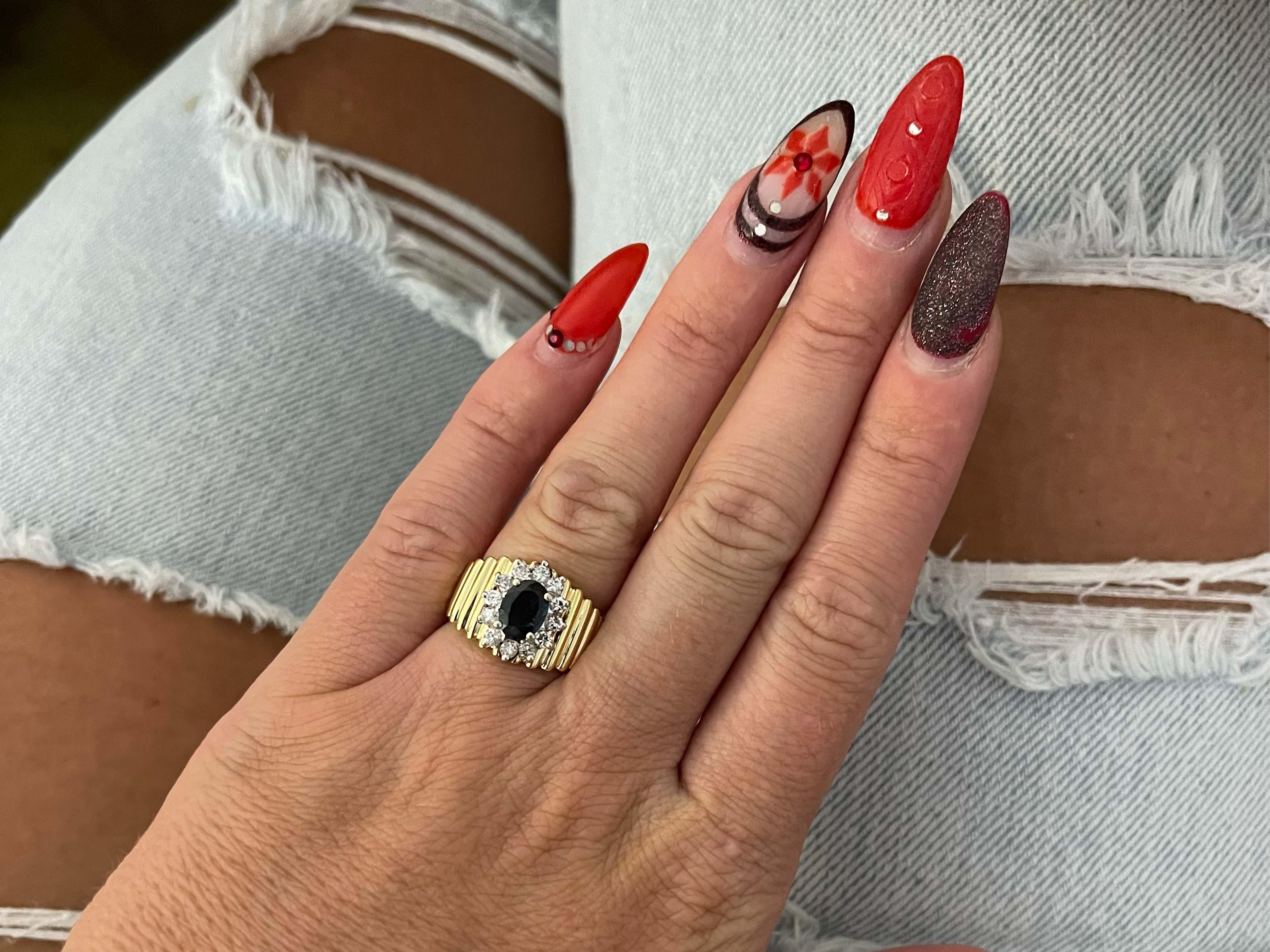 Item Specifications:

Metal: 14K Yellow Gold

Style: Statement Ring

Ring Size: 6 (resizing available for a fee)

Total Weight: 5.5 Grams

Ring Height: 13.92 mm

Gemstone Specifications:

Gemstone: 1 blue sapphire

Shape: oval

Sapphire