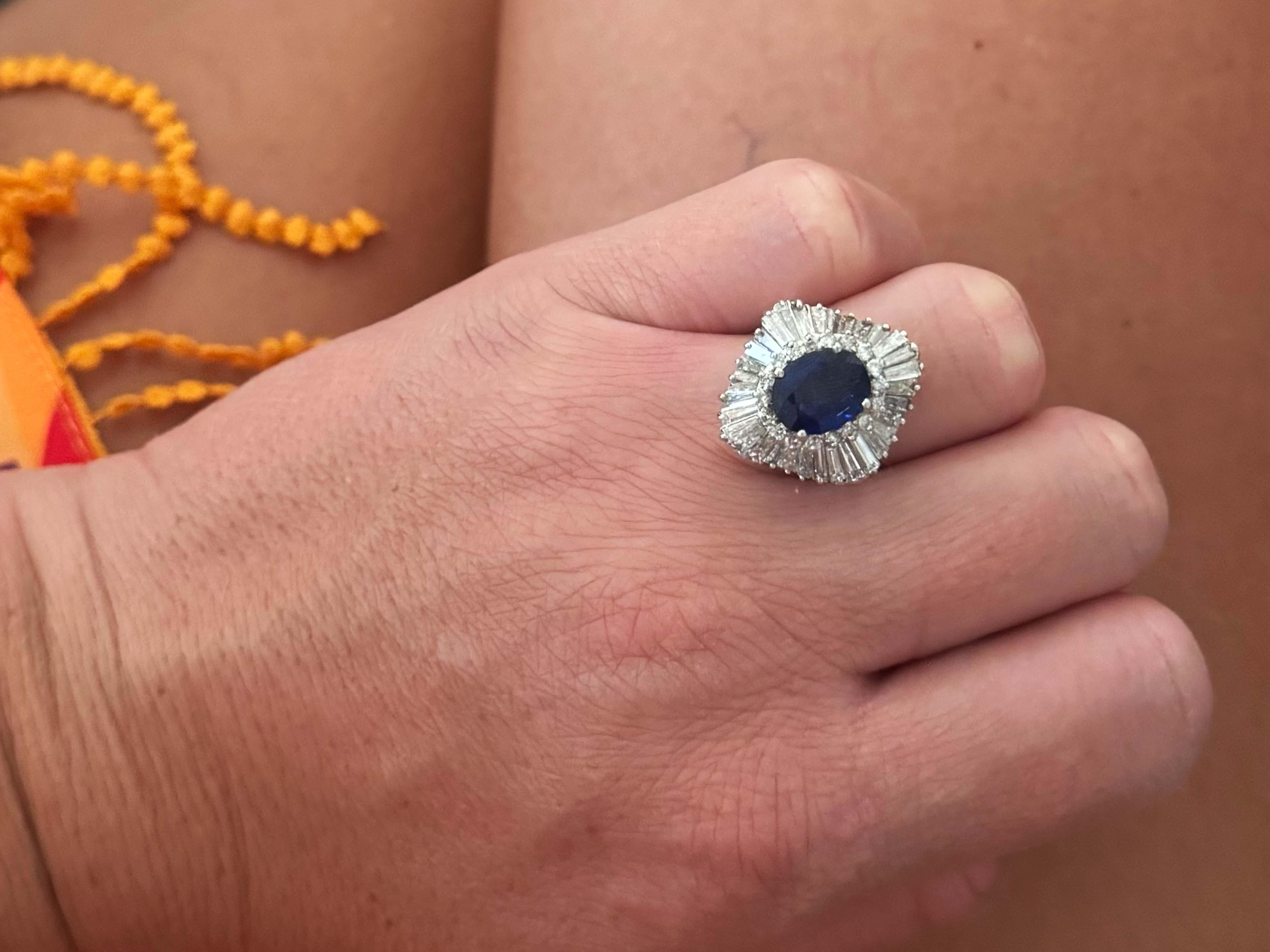 Modern Vintage Oval Blue Sapphire Baguette Diamond Ballerina Ring 14K Solid White Gold For Sale