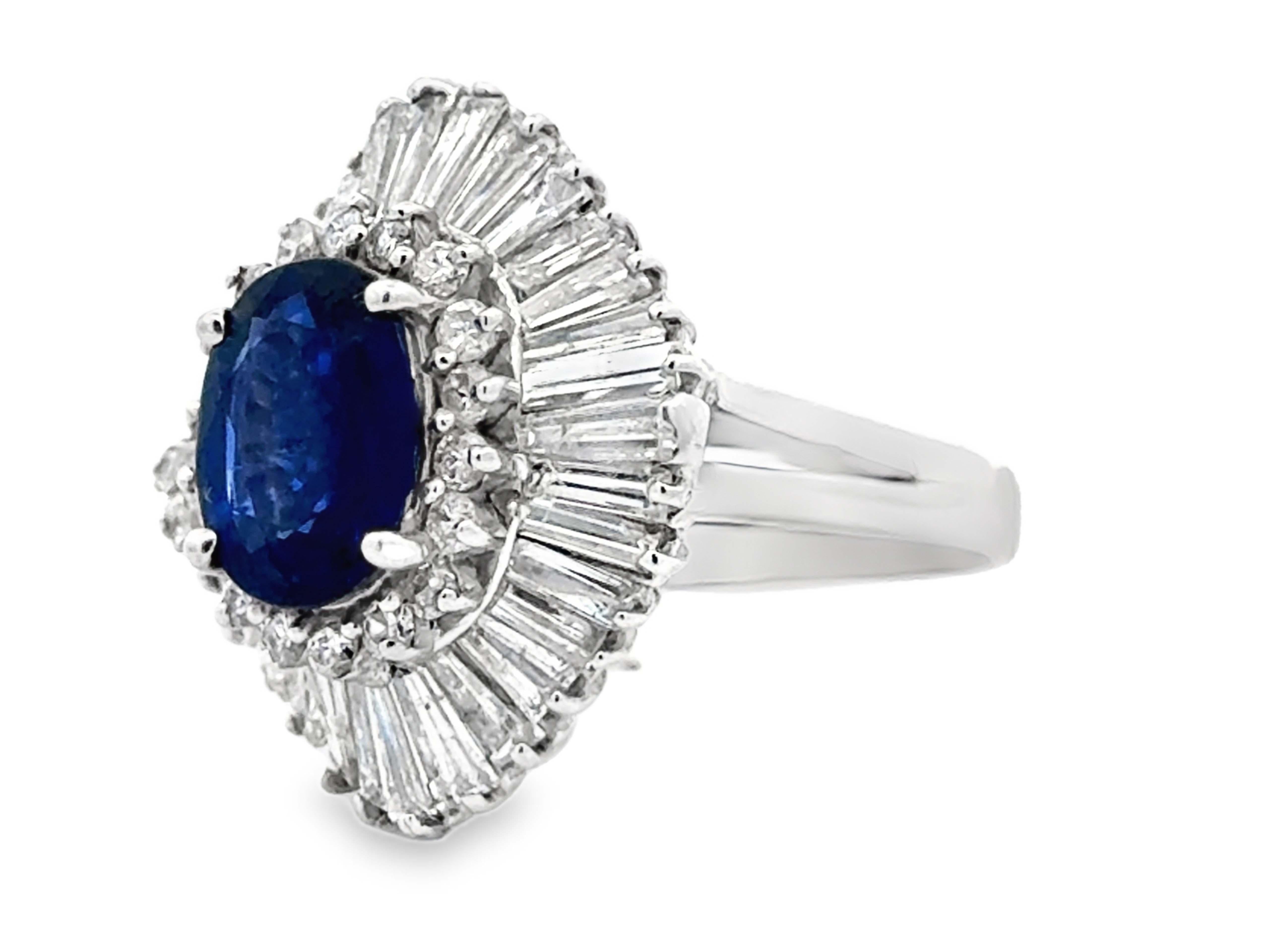 Oval Cut Vintage Oval Blue Sapphire Baguette Diamond Ballerina Ring 14K Solid White Gold For Sale