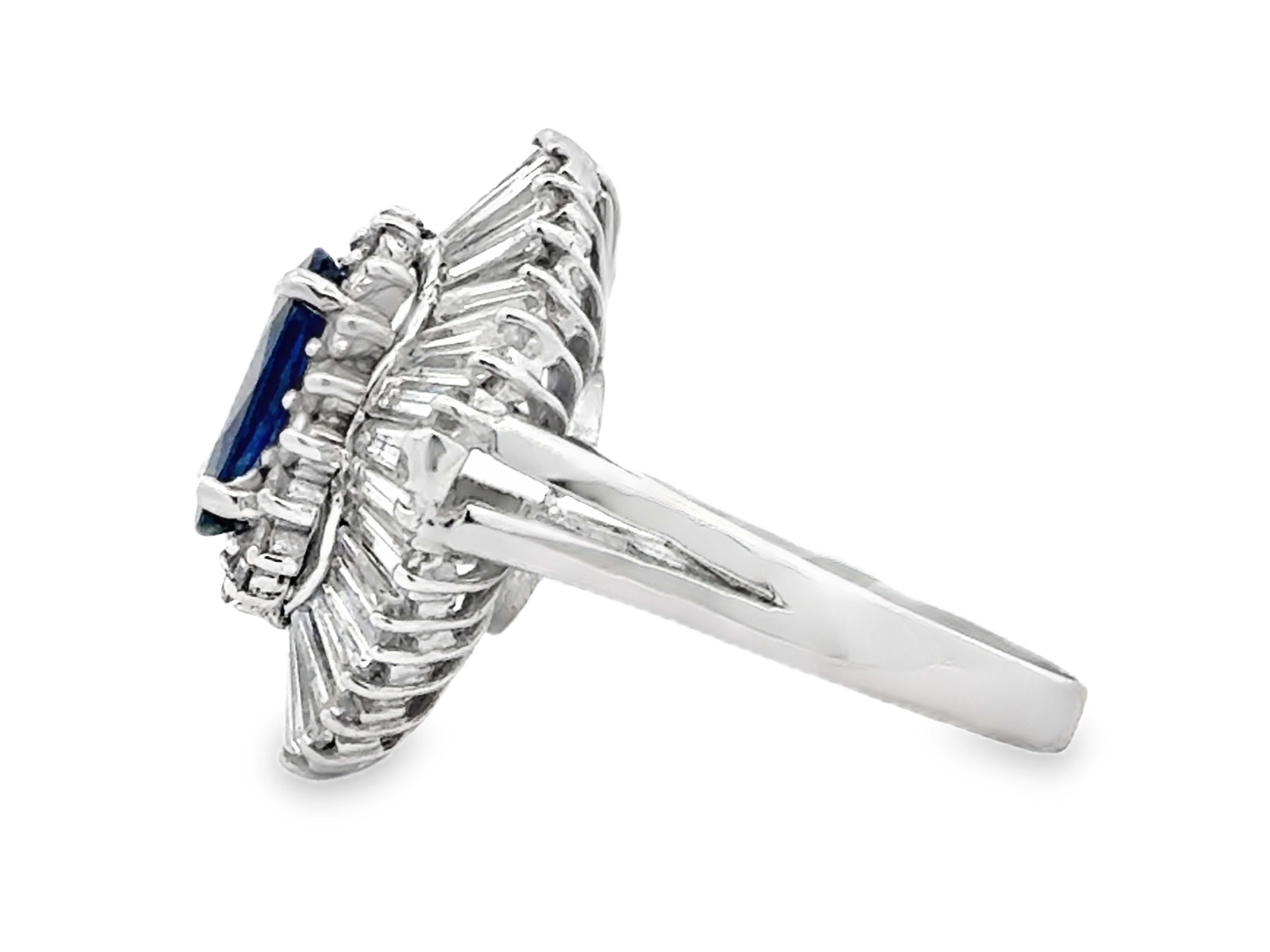 Women's Vintage Oval Blue Sapphire Baguette Diamond Ballerina Ring 14K Solid White Gold For Sale
