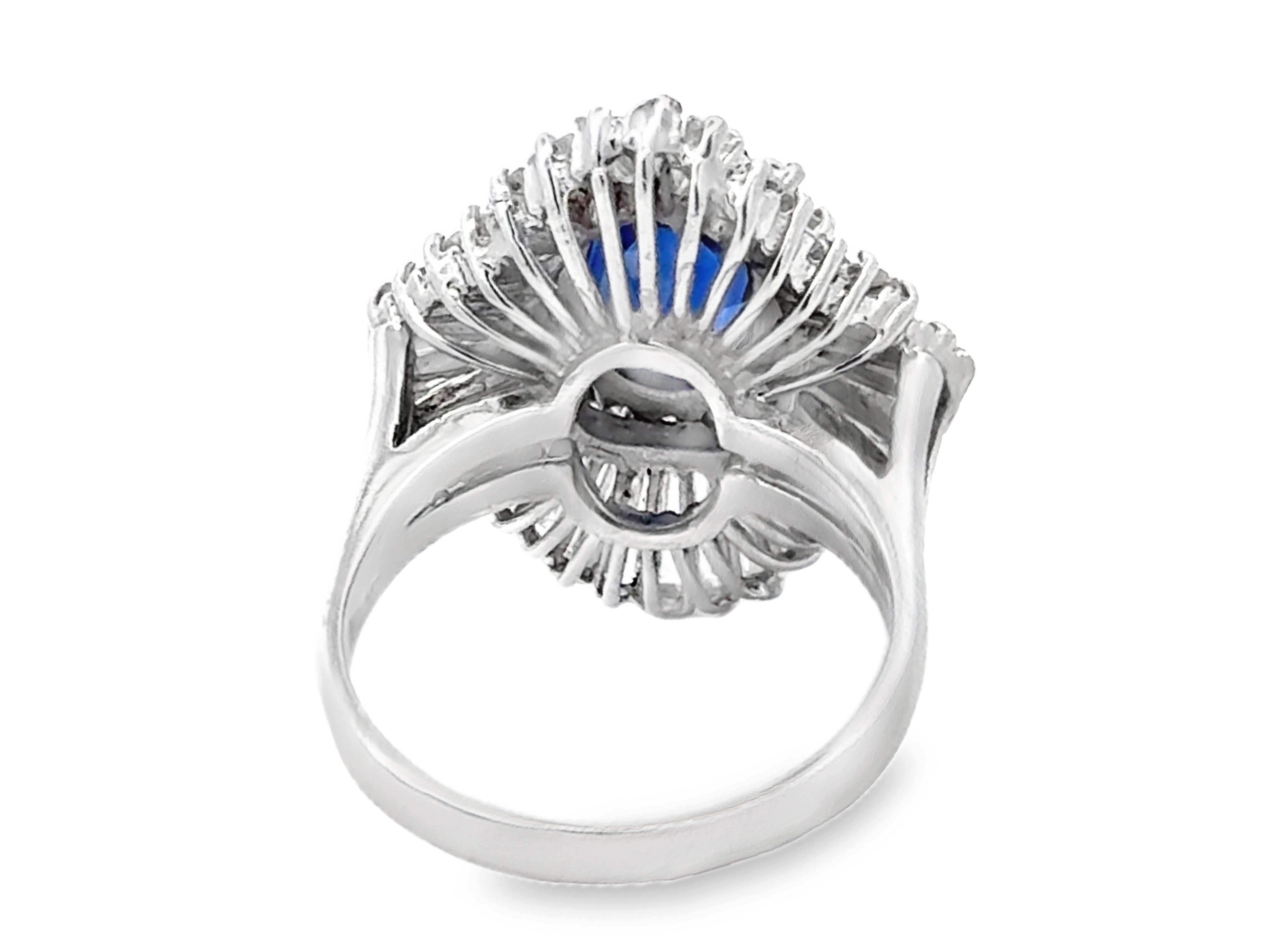 Vintage Oval Blue Sapphire Baguette Diamond Ballerina Ring 14K Solid White Gold For Sale 1