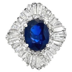 Vintage Ovaler blauer Saphir Baguette-Diamant-Ballerina-Ring 14K Massiv-Weißgold