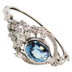 Antique Oval Blue Topaz and Mixed Cut Diamond Hinged Bangle Cuff Bracelet