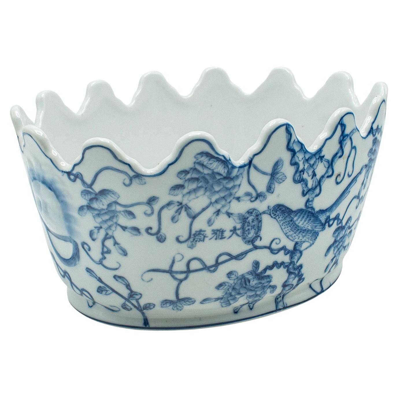 Vintage Oval Blue & White Jardiniere, Chinese, Ceramic, Decorative, Planter Pot