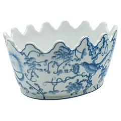 Vintage Oval Blue & White Jardiniere, Chinese, Ceramic, Decorative, Planter Pot