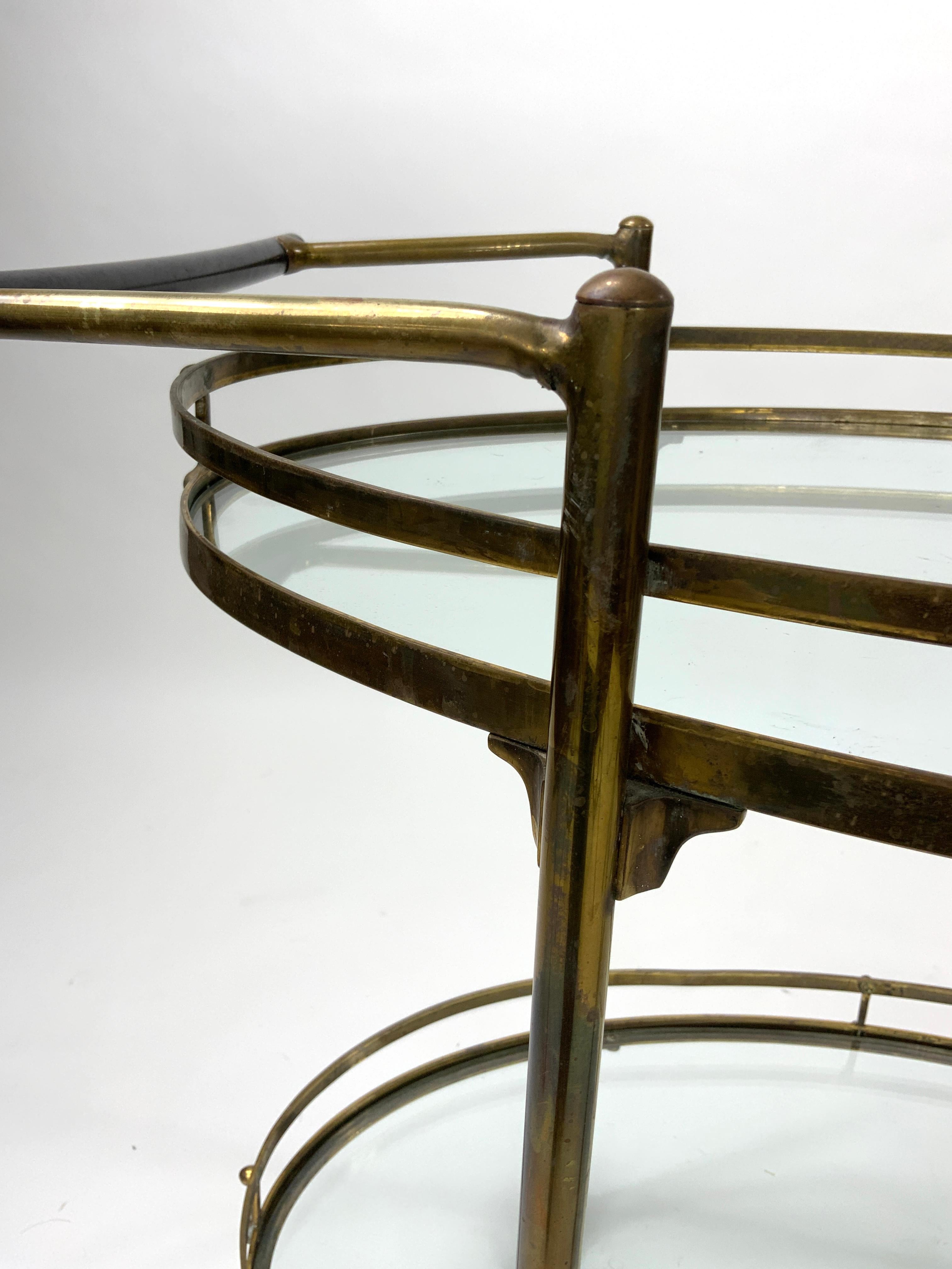 American Vintage Oval Brass and Glass 2-Tier Bar Cart, 1940’s Maxwell-Phillips Attr For Sale