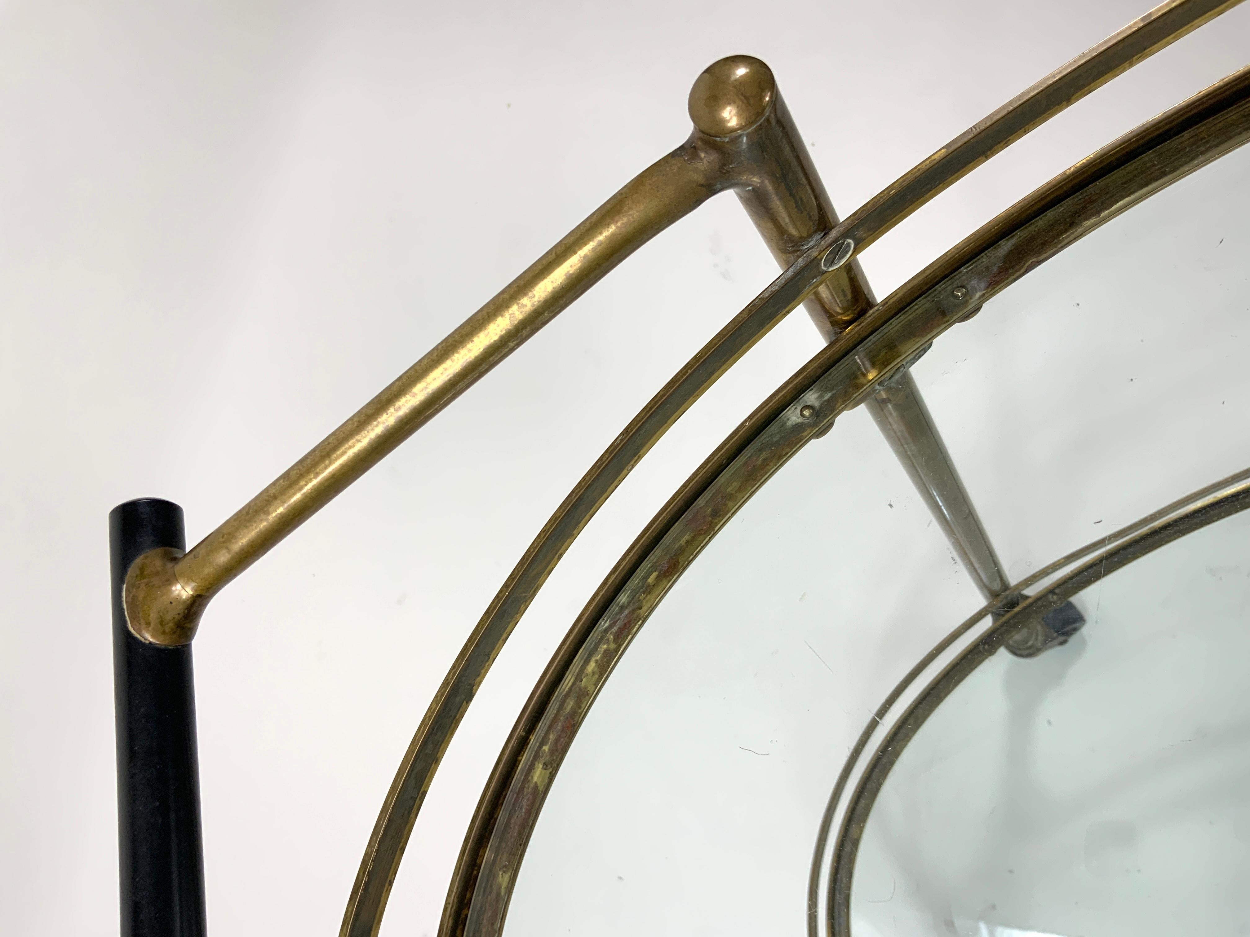 Vintage Oval Brass and Glass 2-Tier Bar Cart, 1940’s Maxwell-Phillips Attr In Good Condition For Sale In Hampstead, QC