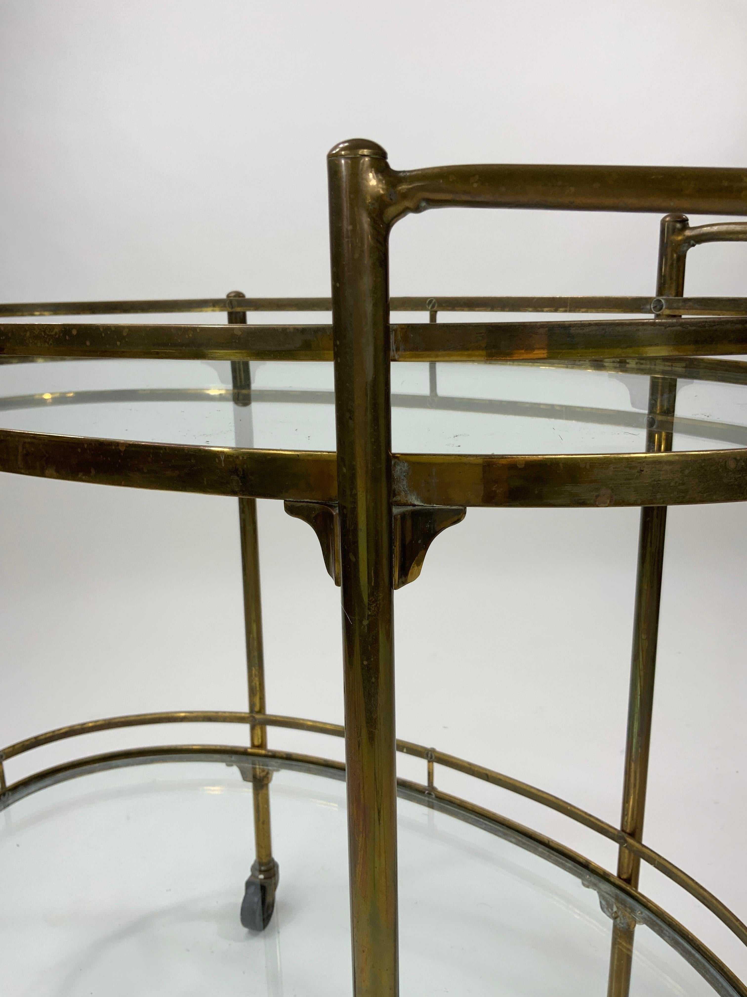 Mid-20th Century Vintage Oval Brass and Glass 2-Tier Bar Cart, 1940’s Maxwell-Phillips Attr For Sale