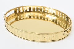 Vintage Oval Brass Tray With Squared Cut Out Designs and Handles Barware