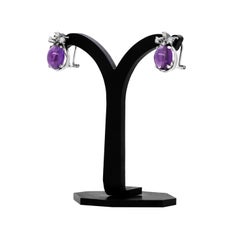 Vintage Oval Cabochon Amethyst and Diamond 18 Carat White Gold Stud Earrings