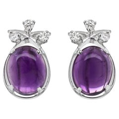 Vintage Oval Cabochon Amethyst and Diamond 18 Carat White Gold Stud Earrings