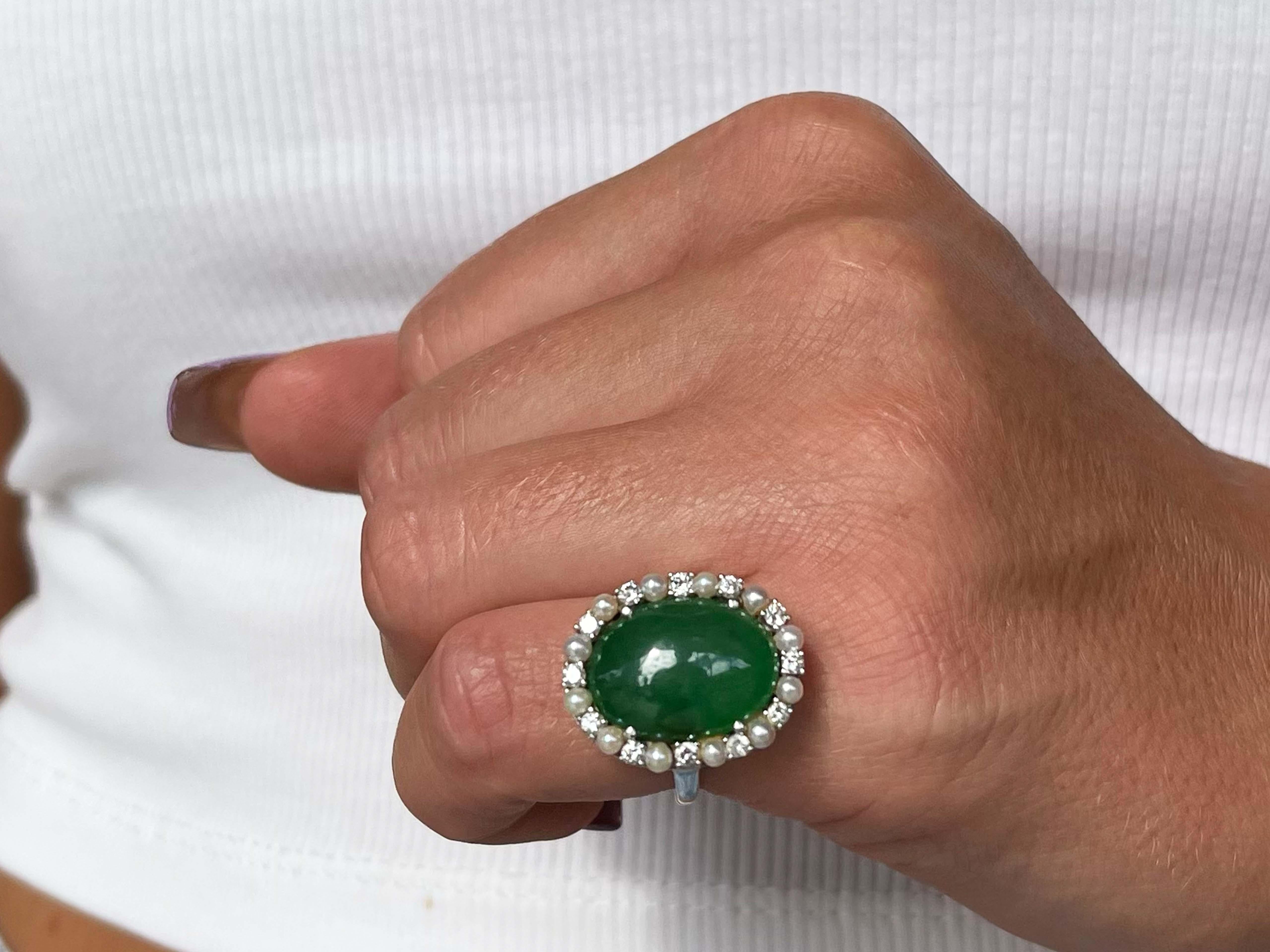 Art Deco GIA Jadeite Jade Pearl and Diamond Halo Ring in Platinum For Sale