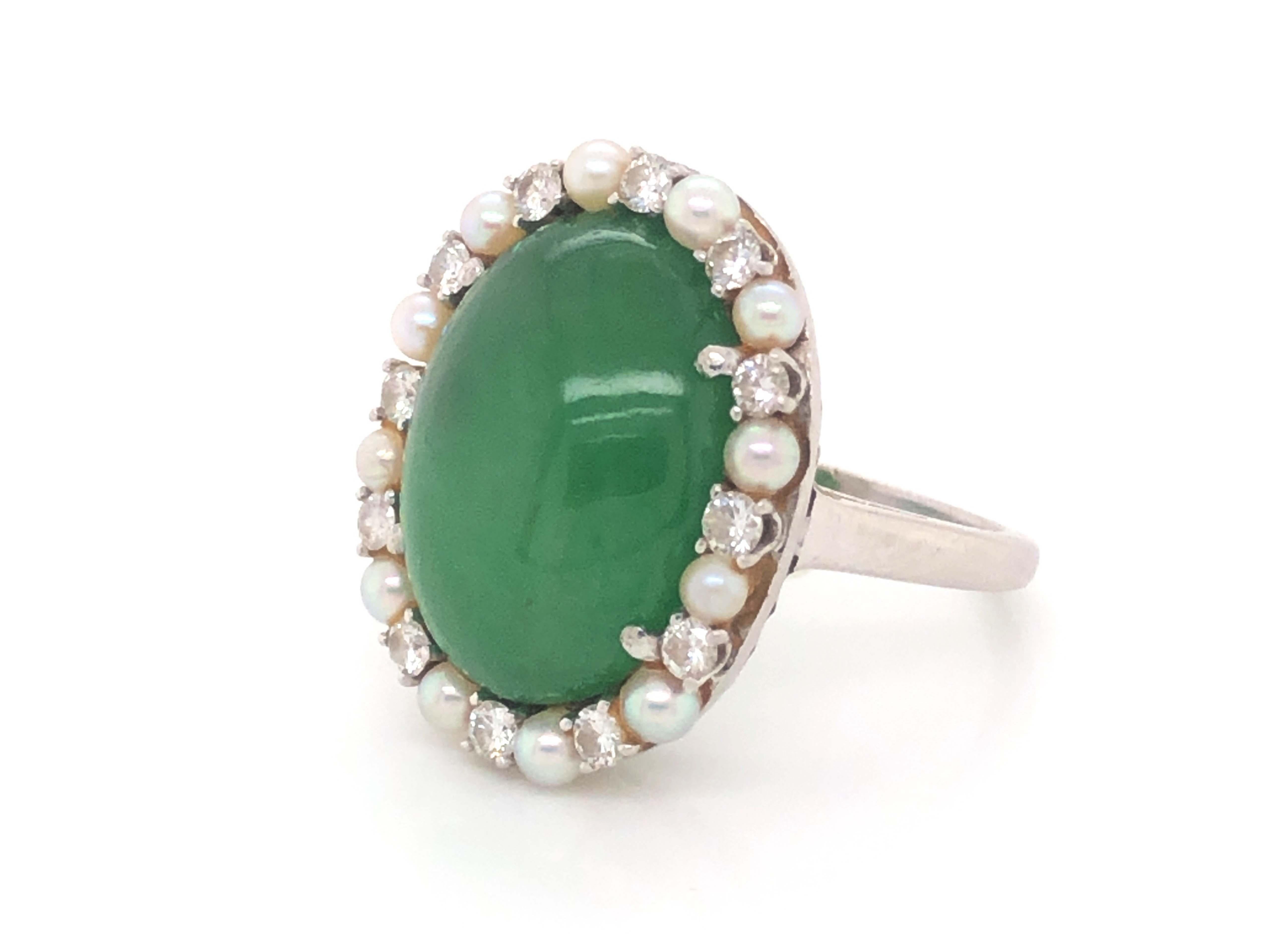 Women's or Men's GIA Jadeite Jade Pearl and Diamond Halo Ring in Platinum For Sale