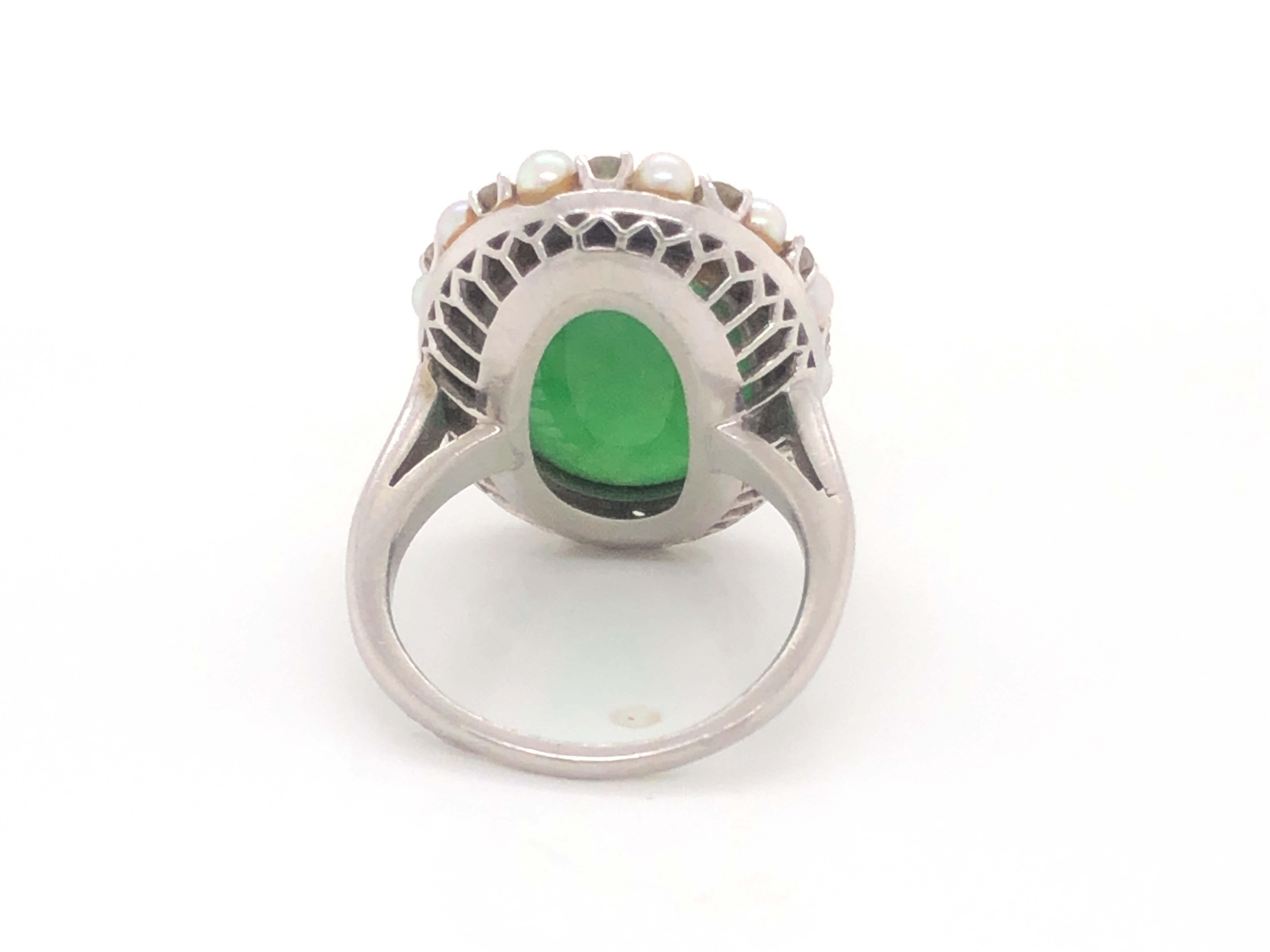 GIA Jadeite Jade Pearl and Diamond Halo Ring in Platinum For Sale 3