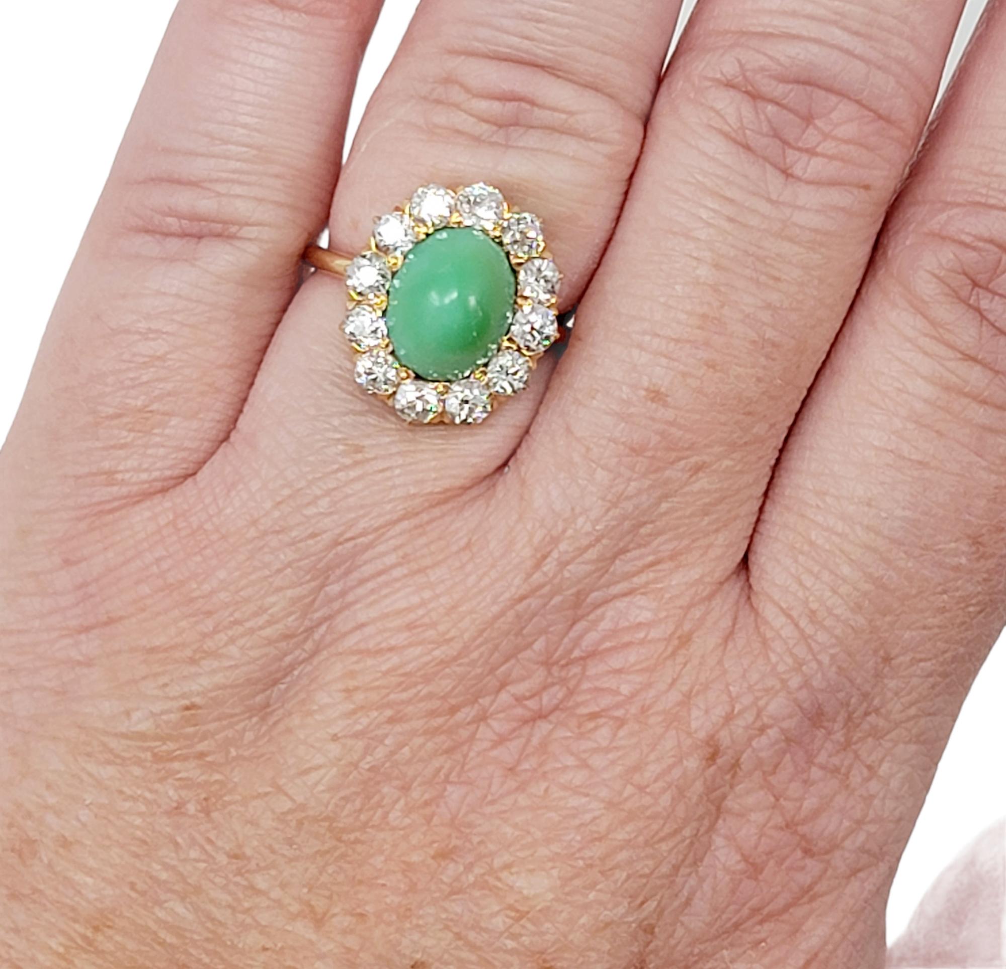 Vintage Oval Cabochon Green Turquoise and Diamond Halo Cocktail Rose Gold Ring  In Good Condition For Sale In Scottsdale, AZ