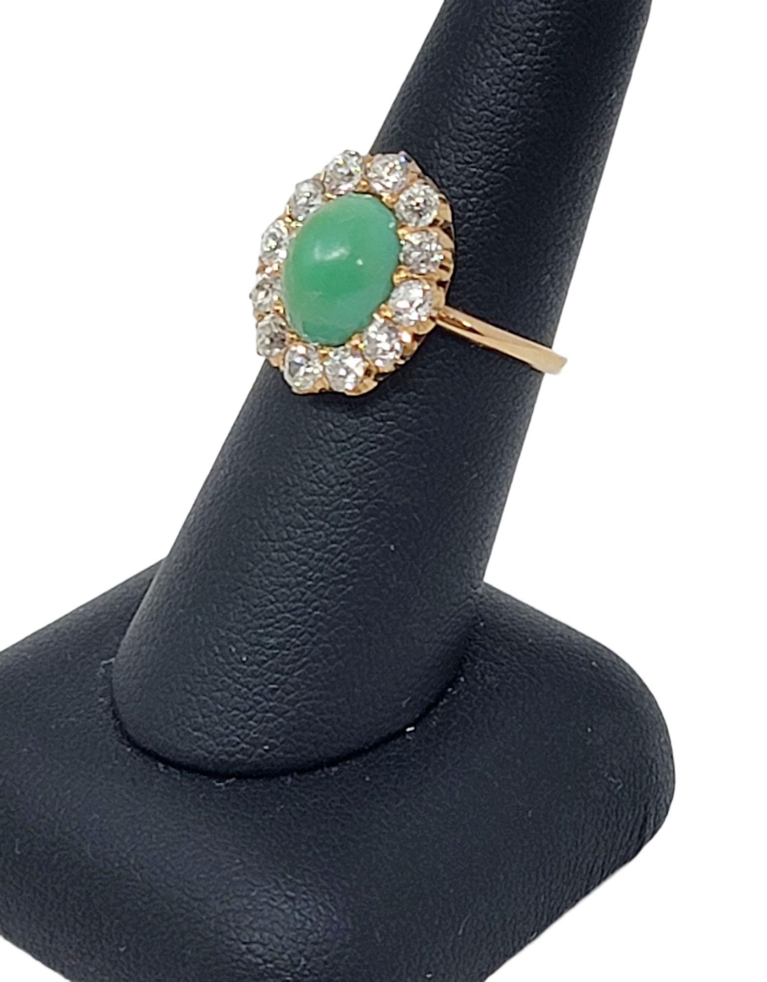 Vintage Oval Cabochon Green Turquoise and Diamond Halo Cocktail Rose Gold Ring  For Sale 1