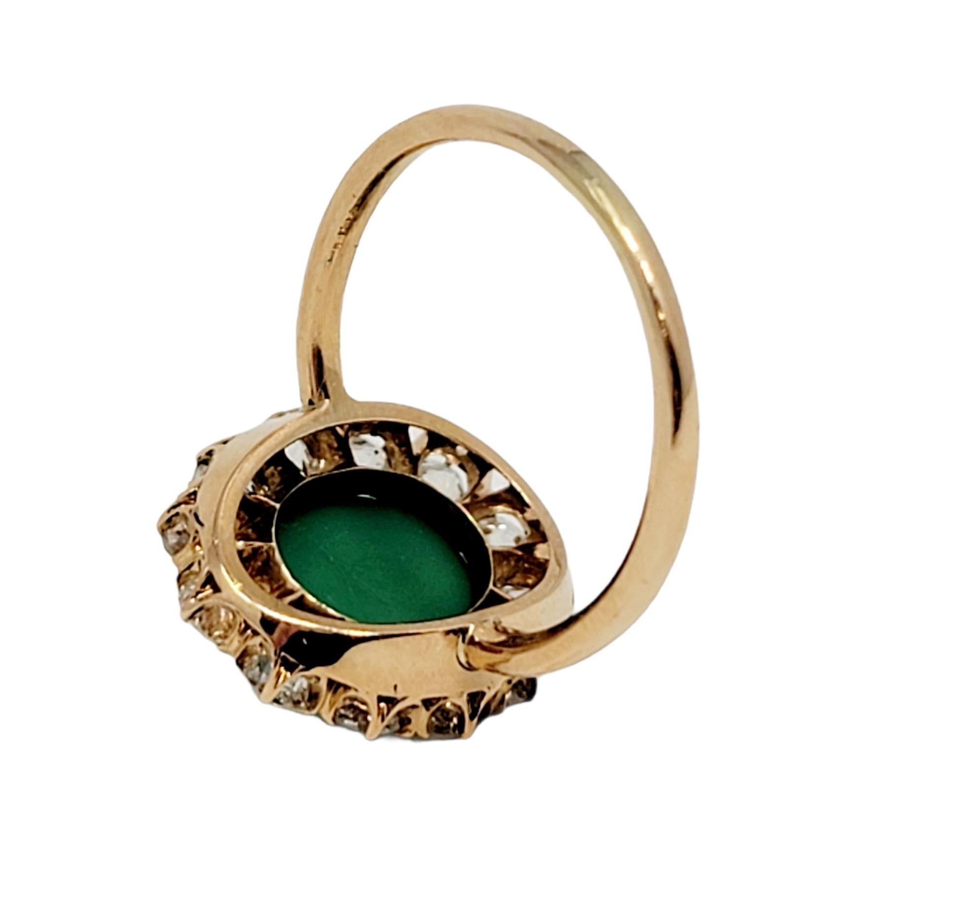 Vintage Oval Cabochon Green Turquoise and Diamond Halo Cocktail Rose Gold Ring  For Sale 3