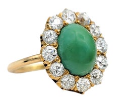 Vintage Oval Cabochon Green Turquoise & Diamond Halo Cocktail Ring 14K Rose Gold