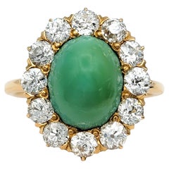 Vintage Oval Cabochon Green Turquoise & Diamond Halo Cocktail Ring 14K Rose Gold