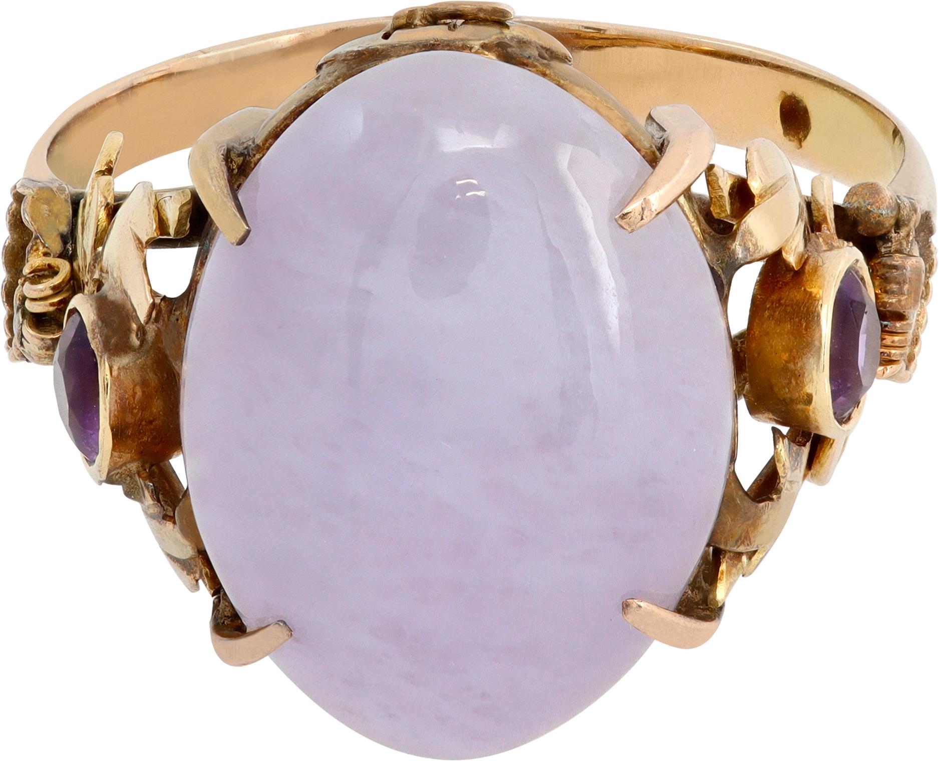 Vintage Oval cabochon Lavender jade ring with round amethyst in 14K rose gold. Oval cabochon lavender Jade over 20.00 carats. Size 9.75.


Antique EarlyVictorian Oval cabochon lavender jade ring with 2 round amathyst 14K yellow gold

This amethyst