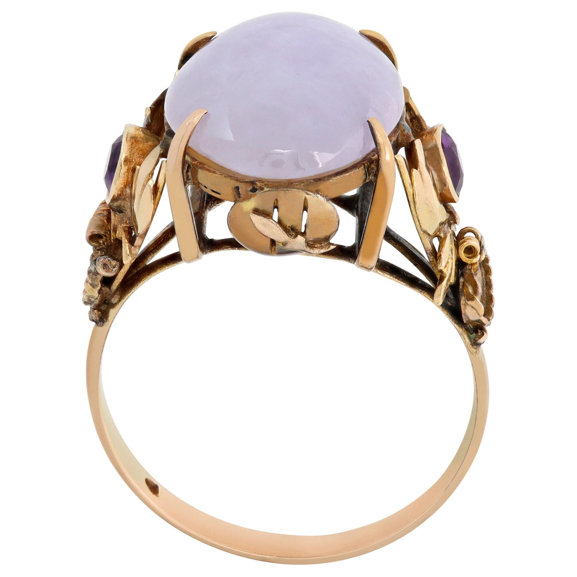 Anello ovale vintage con cabochon di giada lavanda e ametista in oro rosa