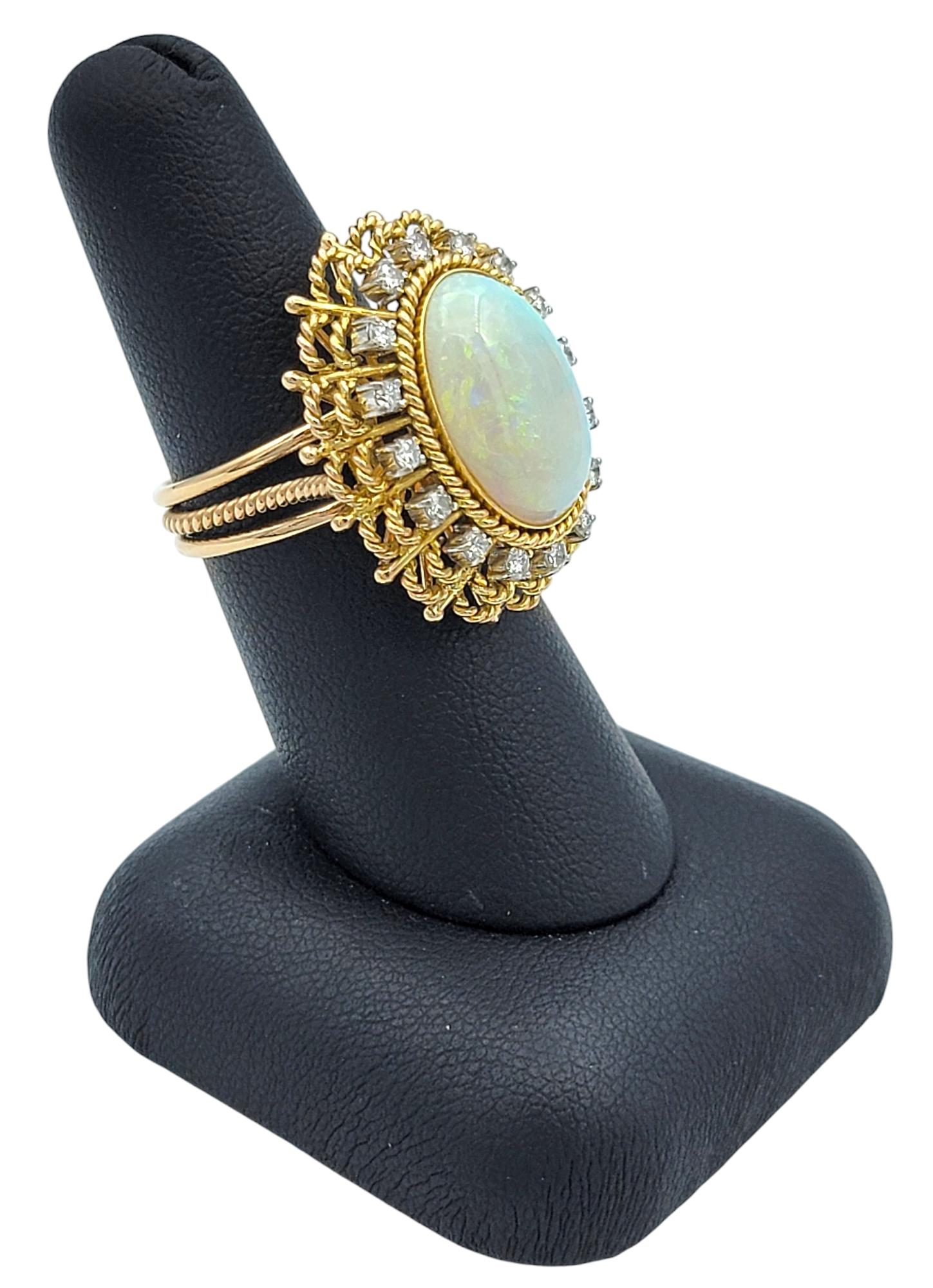 Vintage Oval Cabochon Opal and Diamond Halo Cocktail Ring 14 Karat Yellow Gold For Sale 5