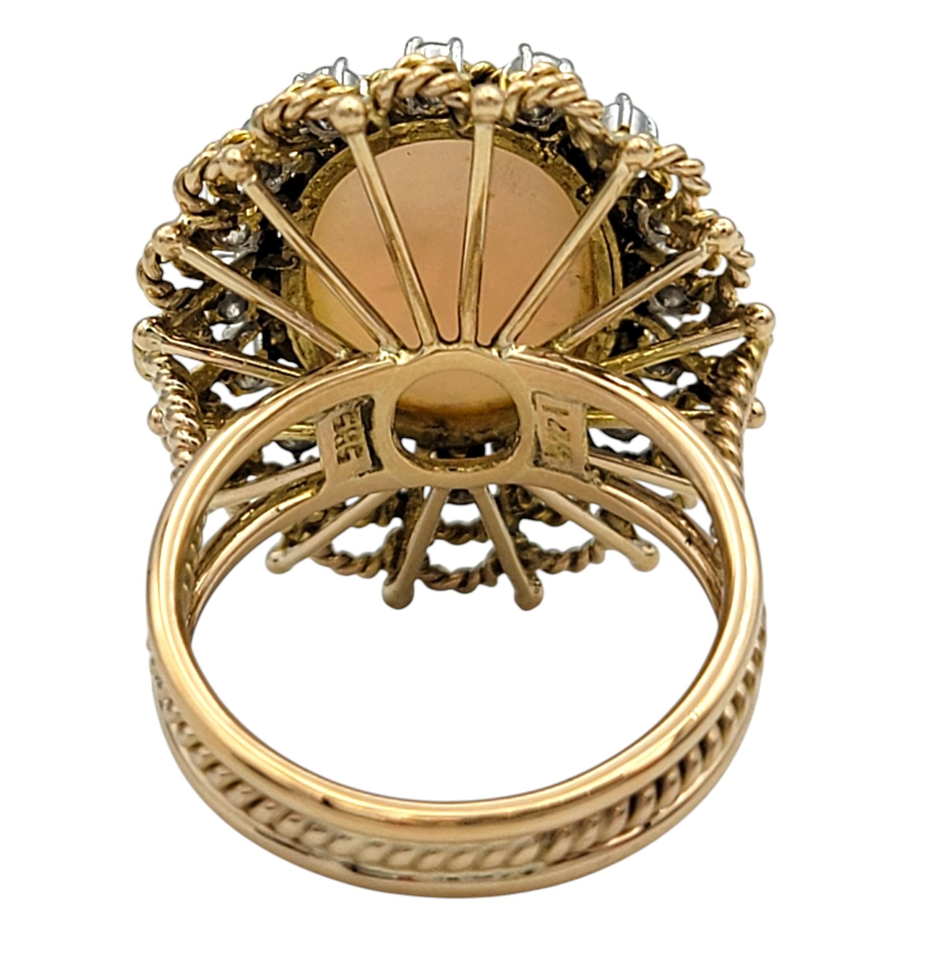 Women's Vintage Oval Cabochon Opal and Diamond Halo Cocktail Ring 14 Karat Yellow Gold For Sale