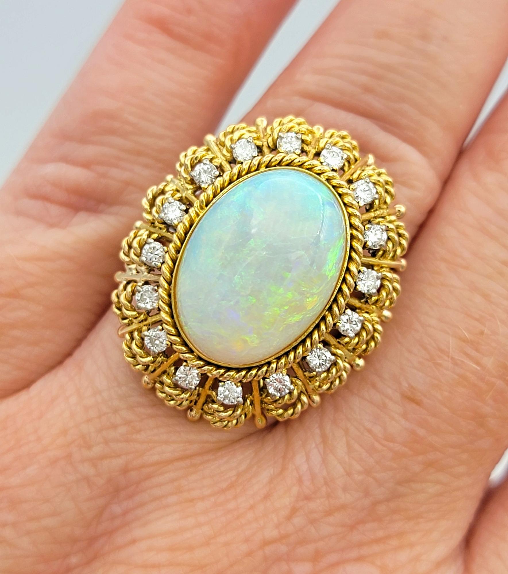 Vintage Oval Cabochon Opal and Diamond Halo Cocktail Ring 14 Karat Yellow Gold For Sale 3