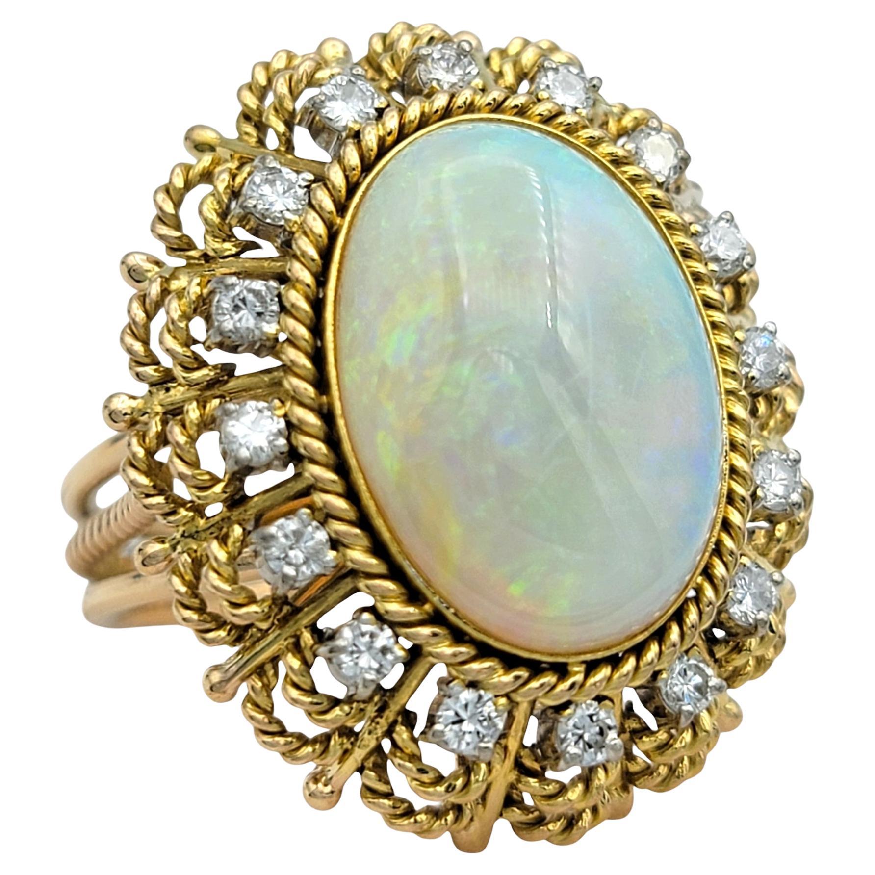 Vintage Oval Cabochon Opal and Diamond Halo Cocktail Ring 14 Karat Yellow Gold
