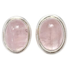 Vintage Oval Cabochon Rose Quartz Stud Earrings, Sterling Silver