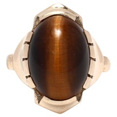 Antique Oval Cabochon Tiger's Eye Ring, 10k Yellow Gold, Ring, circa 1930