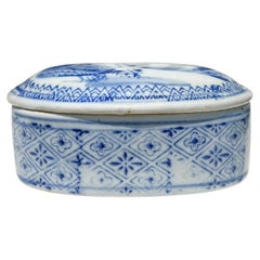 Vintage Oval Ceramic Chinoiserie Blue and White Trinket Dish with Lid