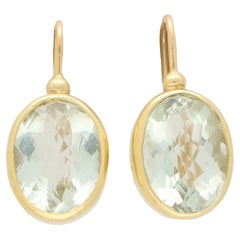 Vintage Oval Checkerboard Aquamarine Drop Earrings Set in 18k Yellow Gold