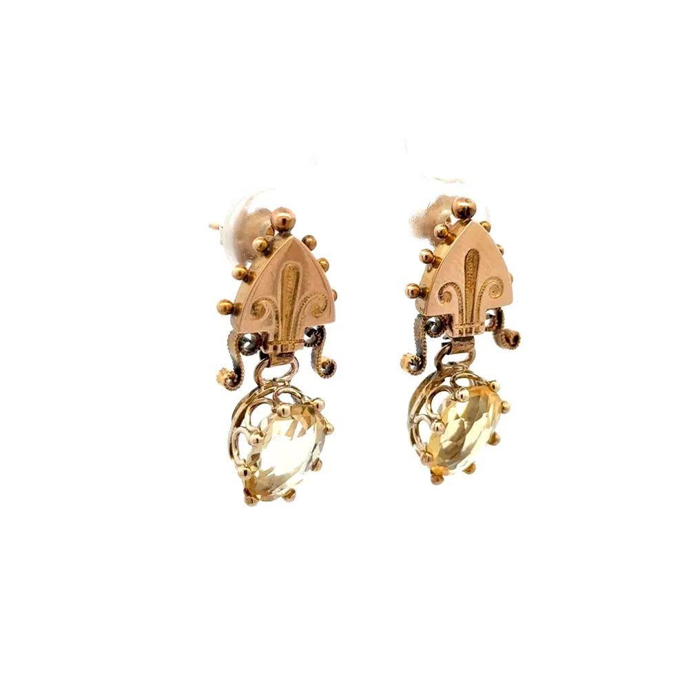 Einfach schön! Viktorianische ovale Citrin-Tropfenohrringe aus Gold. Mit 2 Citrin-Edelsteinen, Gewicht ca. 2 tcw. Fein detaillierte Fassung aus 14K Gelbgold. Ca. 1