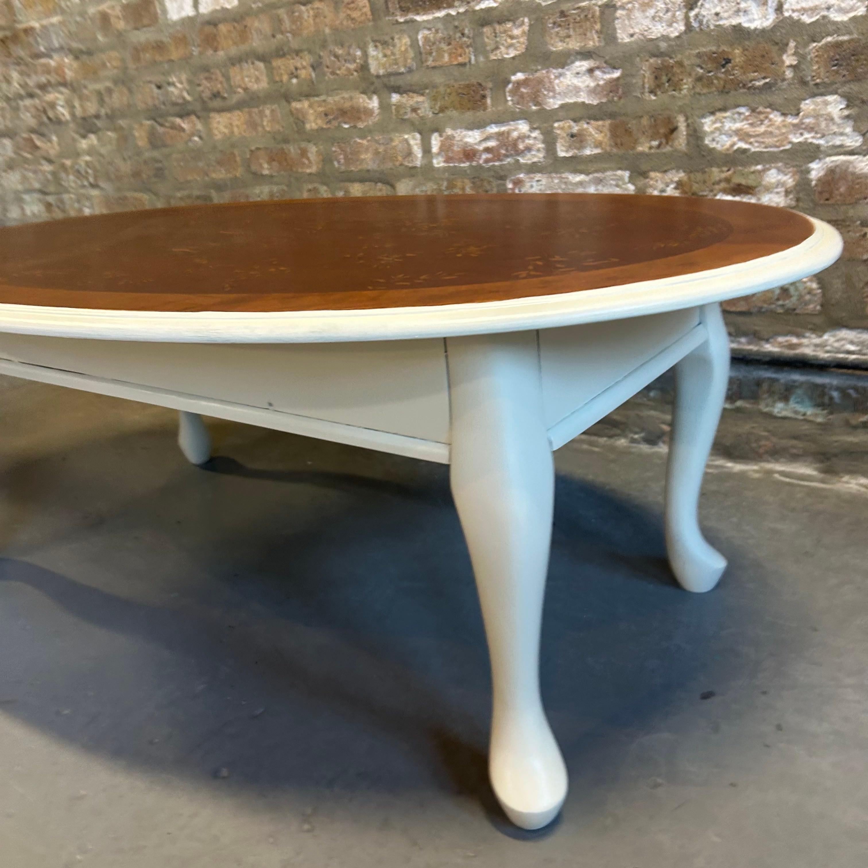 Painted Vintage Oval Coffee Table - Natural and White Botanical Theme For Sale