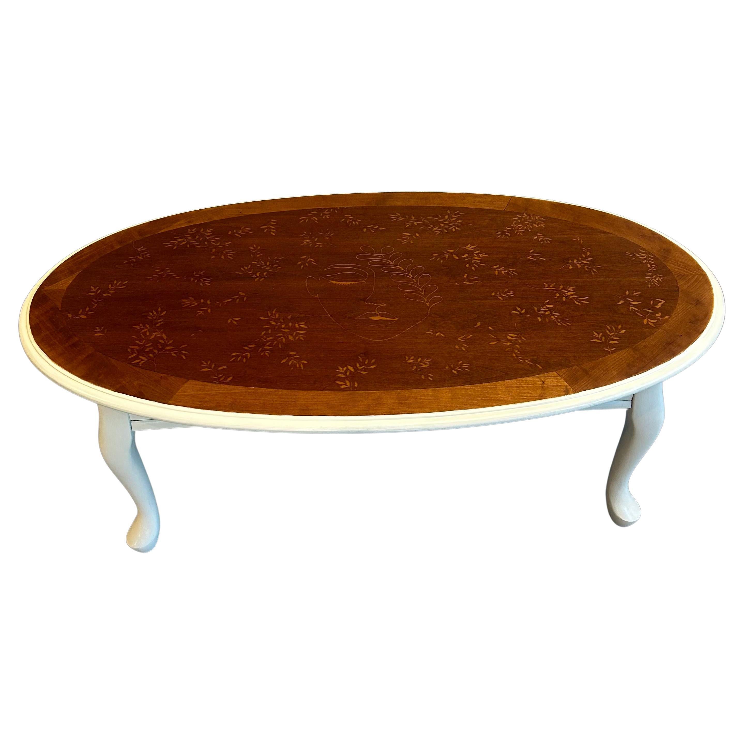 Vintage Oval Coffee Table - Natural and White Botanical Theme For Sale