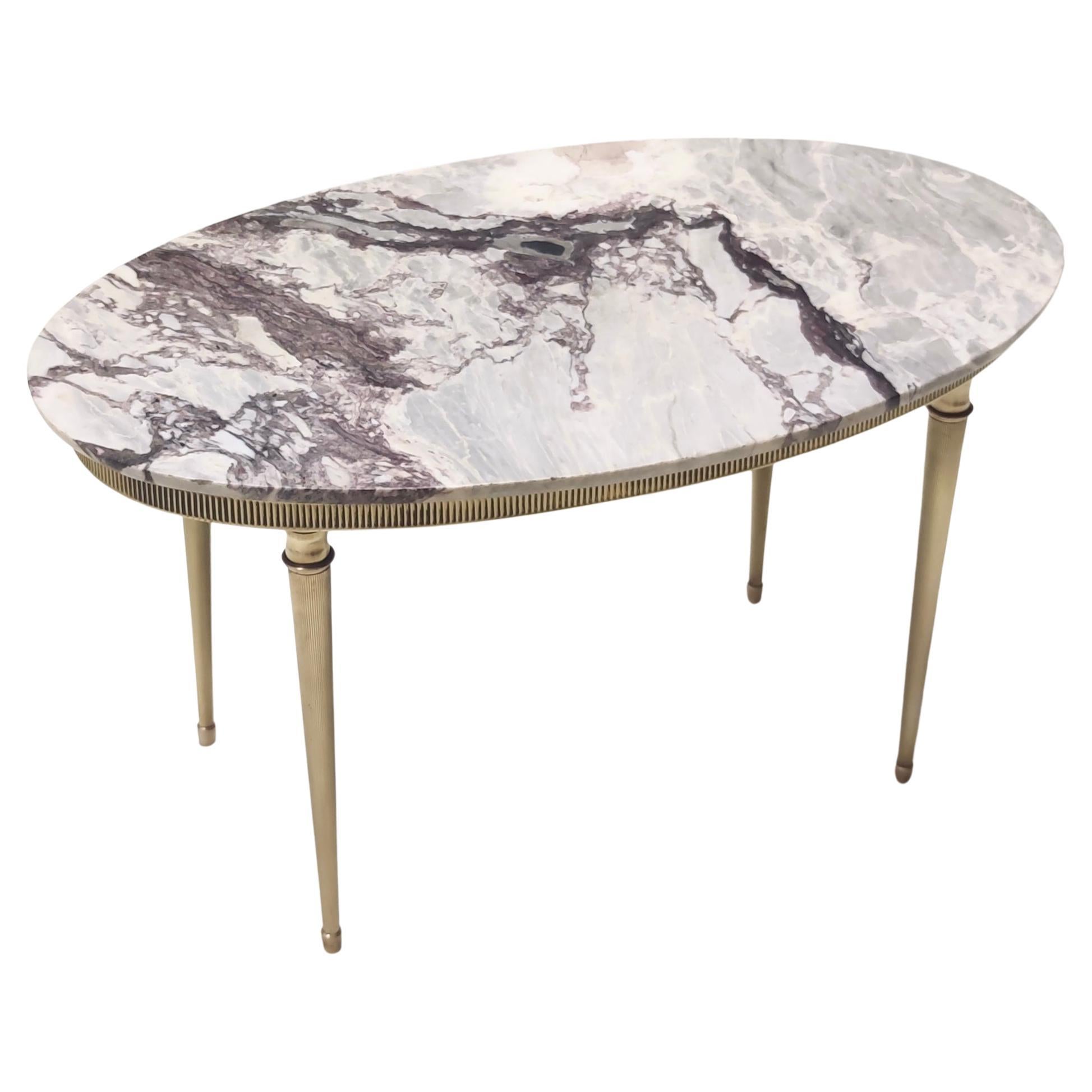 Vintage Oval Coffee Table with Brass Frame and Calacatta Viola Marble Top, Italy