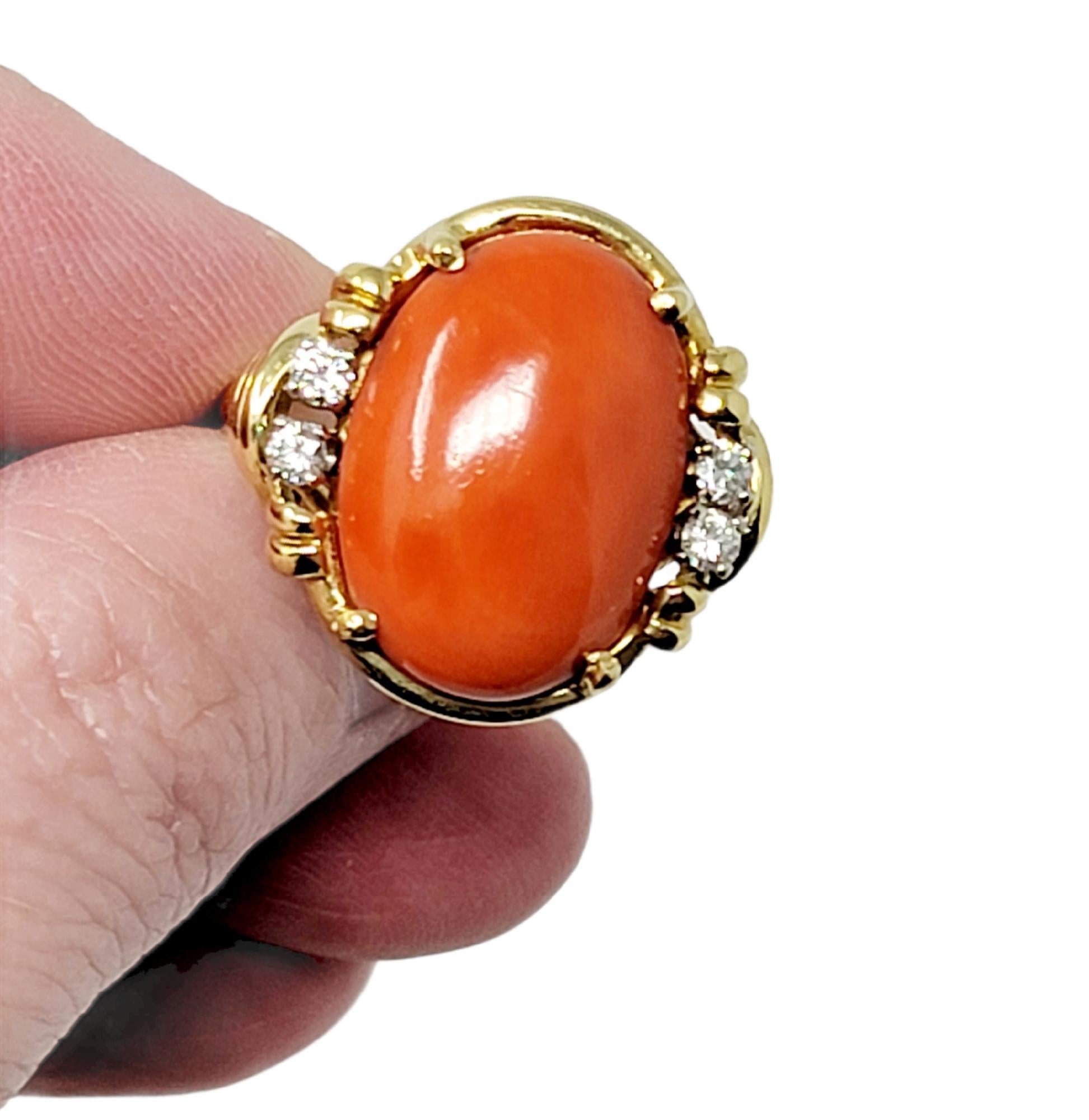 Contemporary Vintage Oval Coral and Diamond Cocktail Ring 18 Karat Gold 8.42 Carat Total For Sale